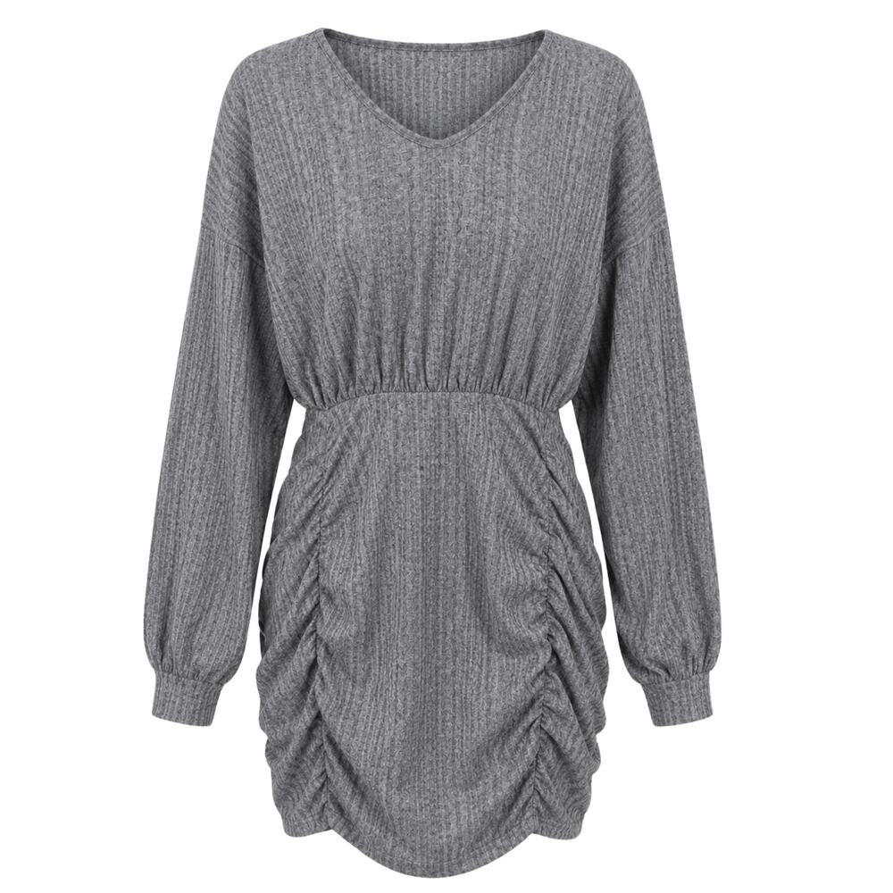 Cupshe Dress Women's Sz Medium Gray Ruched Dress Long Sleeves V-Neck Knee Length